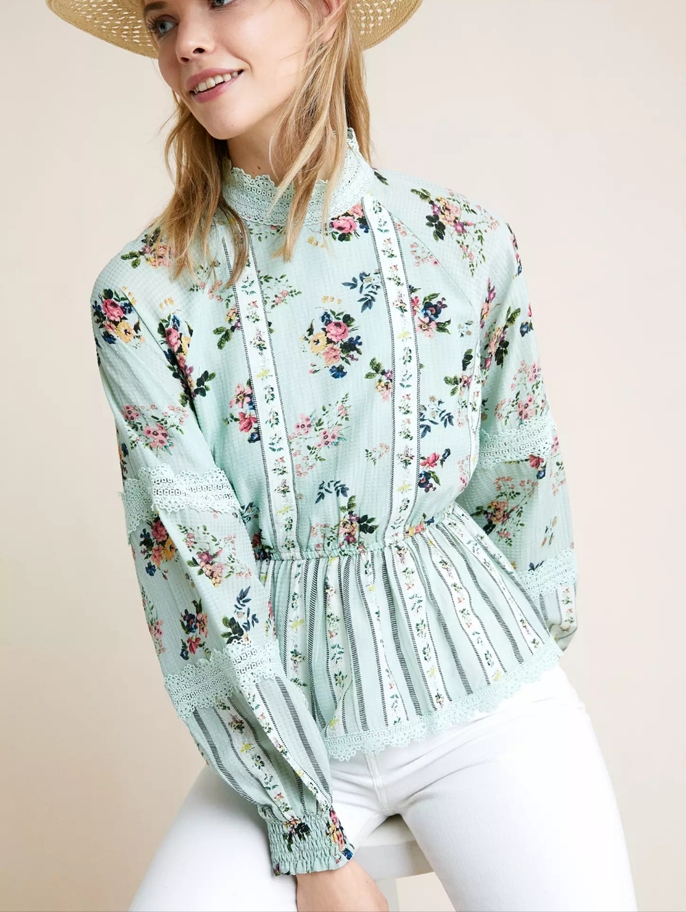 Hemant & Nandita Amour Floral Lace Peplum  Blouse Mint Green Long Sleeve  Large